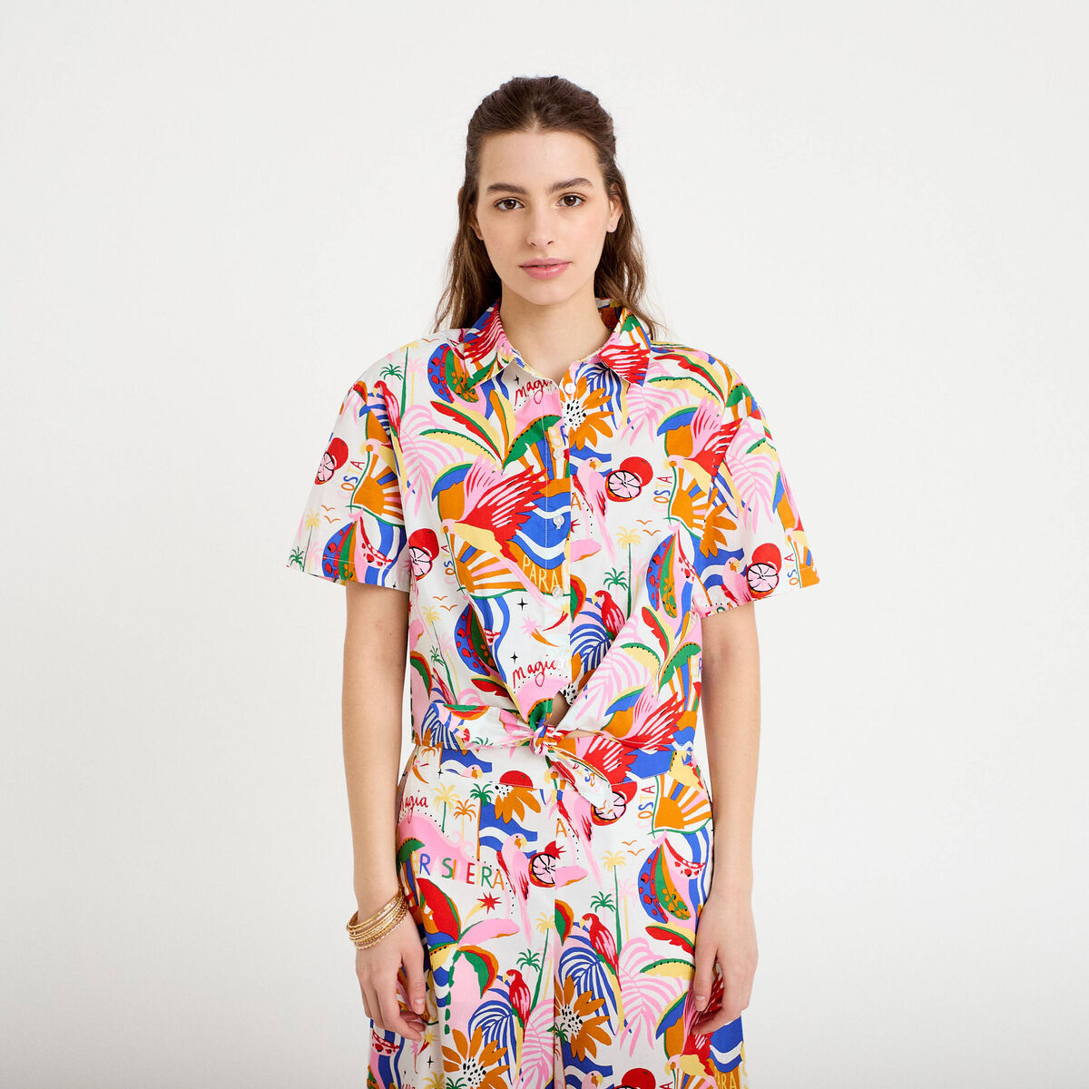 Chemise droite cropped col am&eacute;ricain blanc femme