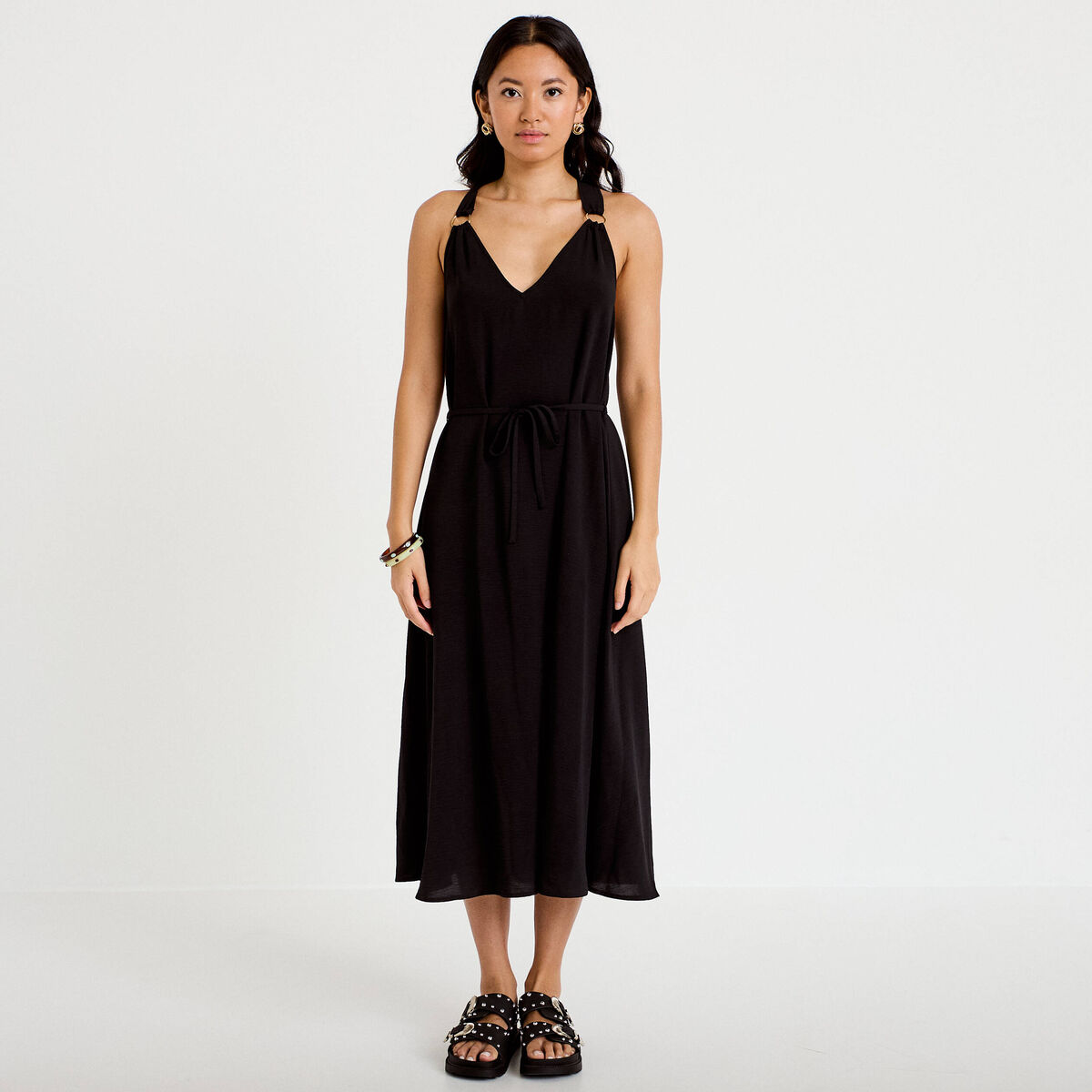 Robe longue droite col v bretelles fines noir femme