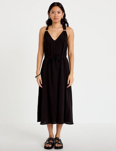 Robe longue droite col v bretelles fines noir femme