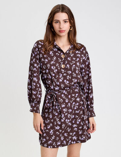 Robe courte droite col chemise marron fonc&eacute; femme