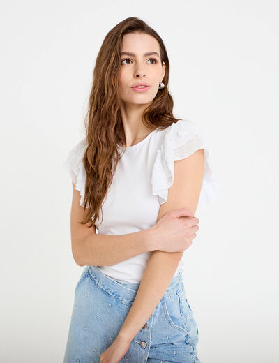 T-shirt ajust&eacute; dentelle col rond blanc femme