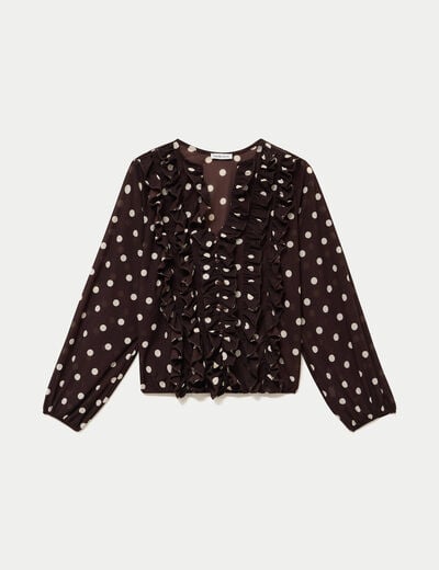 Blouse droite col v manches longues marron femme
