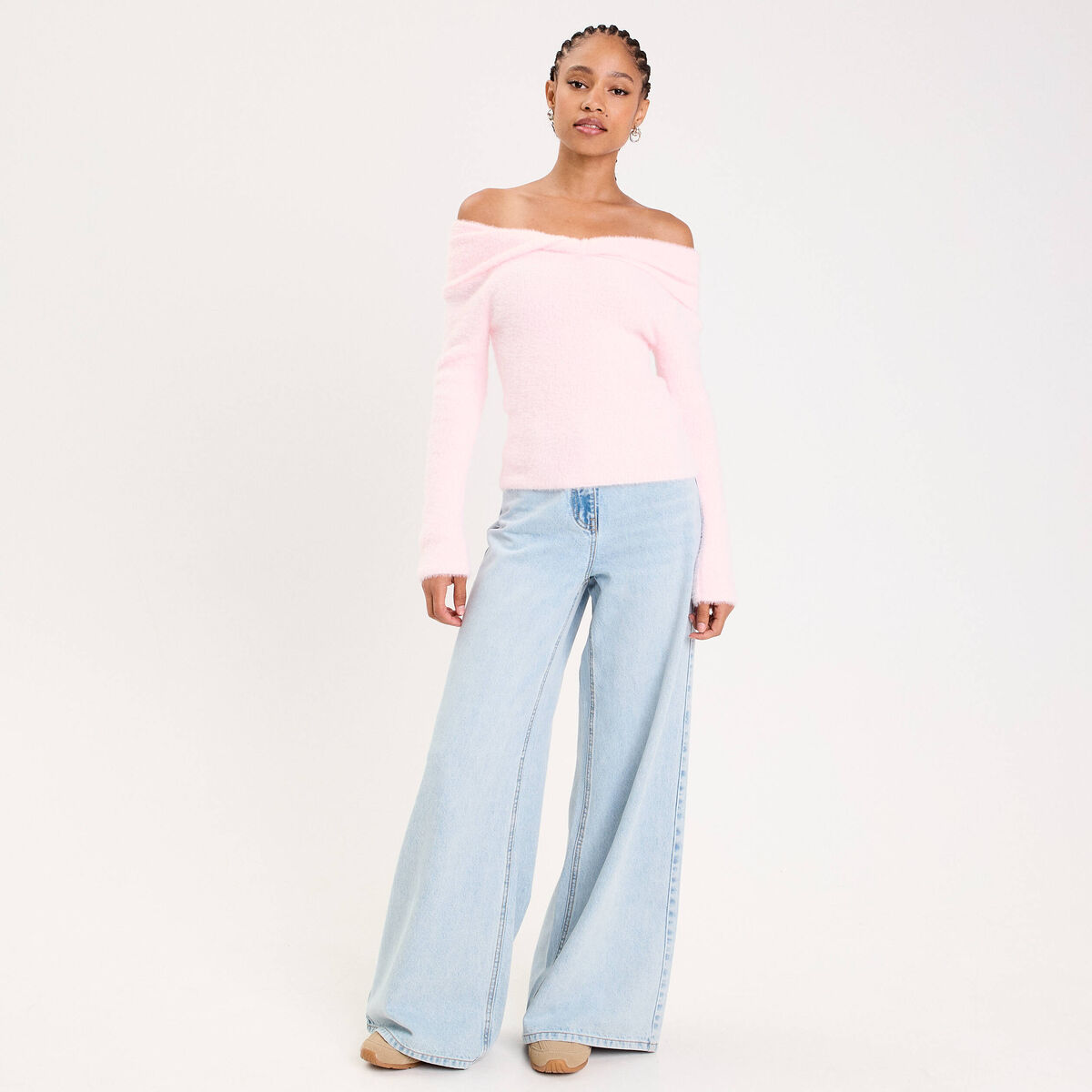 Pull ajust&eacute; col bardot manches longues rose clair femme