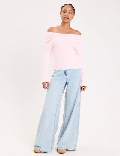 Pull ajust&eacute; col bardot manches longues rose clair femme