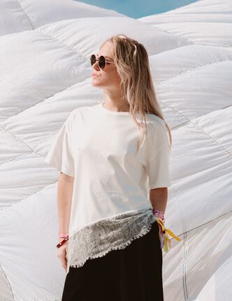 T-shirt oversize longue dentelle ecru femme