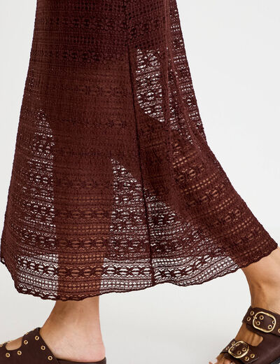 Robe longue droite col b&eacute;nitier dentelle marron femme