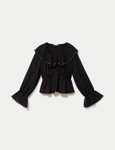 Blouse col claudine bas resserr&eacute; noir femme