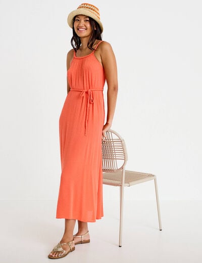 Robe longue &eacute;vas&eacute;e sans manches rouge corail femme