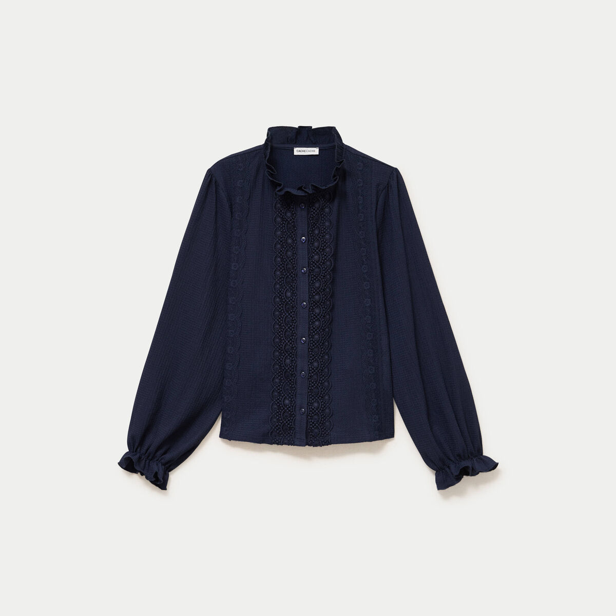 Blouse droite col montant dentelle bleu marine femme