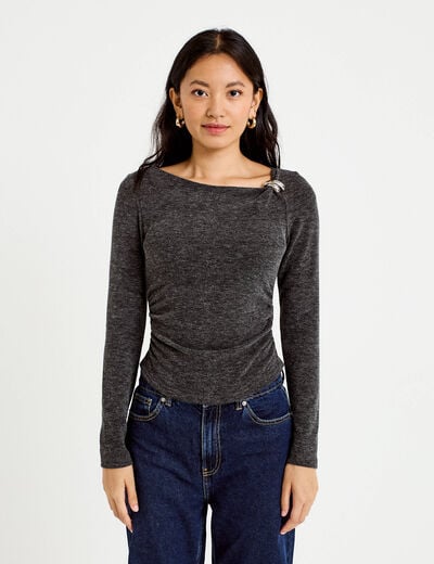 Top cintr&eacute; col bateau manches longues gris fonc&eacute; femme