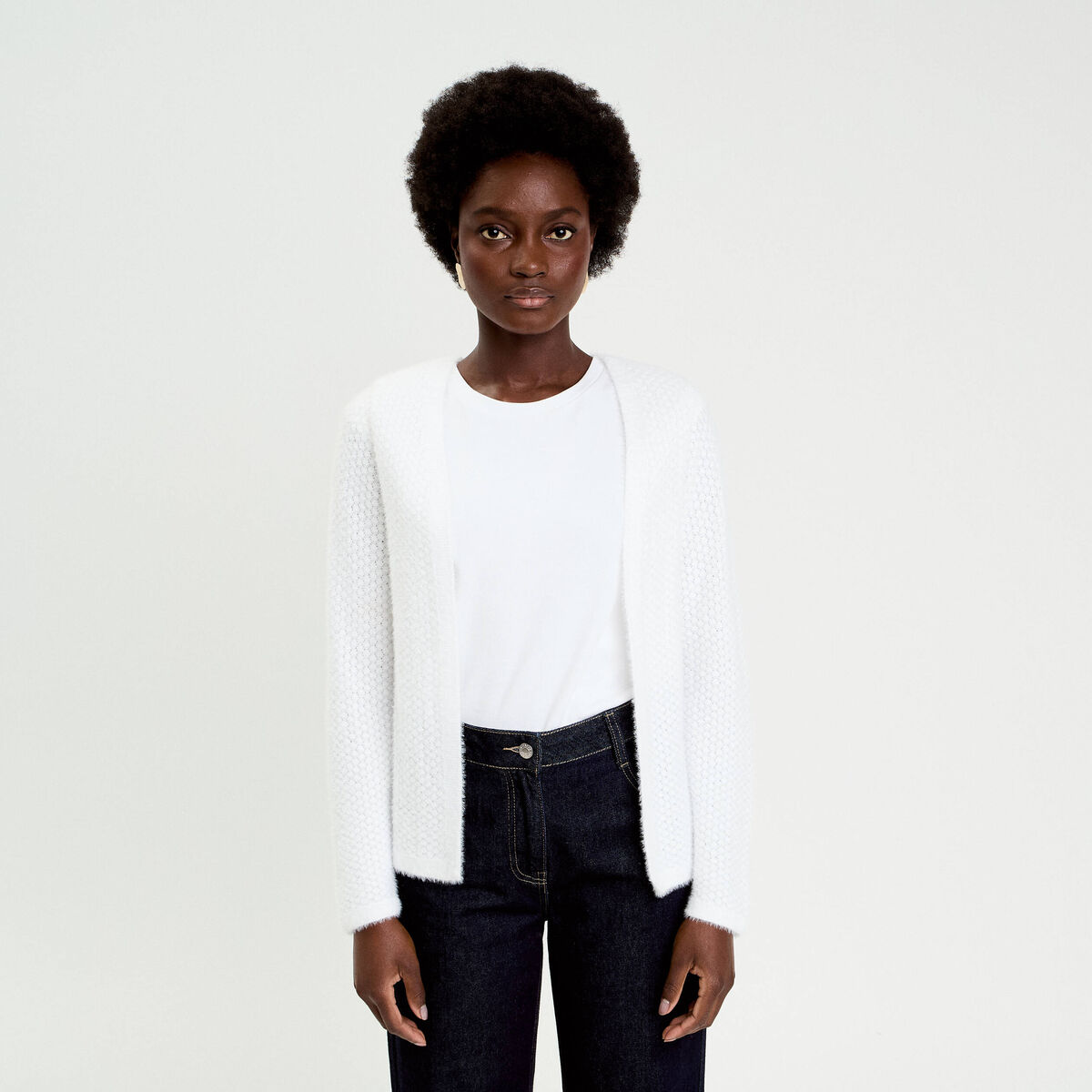 Gilet droit manches longues ecru femme