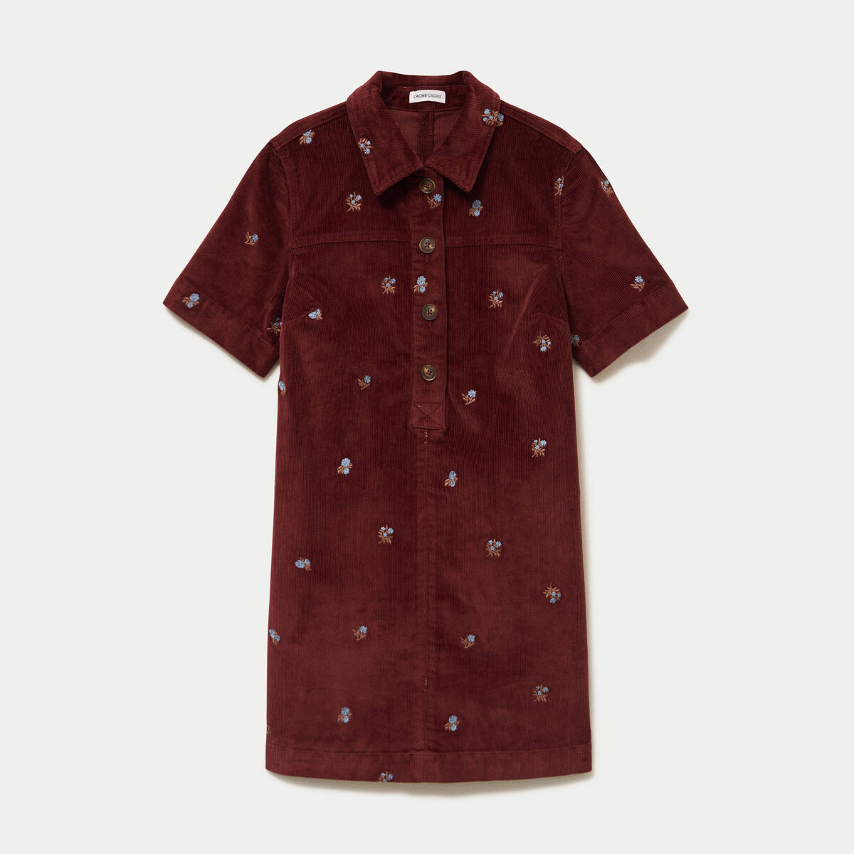 Robe droite courte en velours brod&eacute; marron femme
