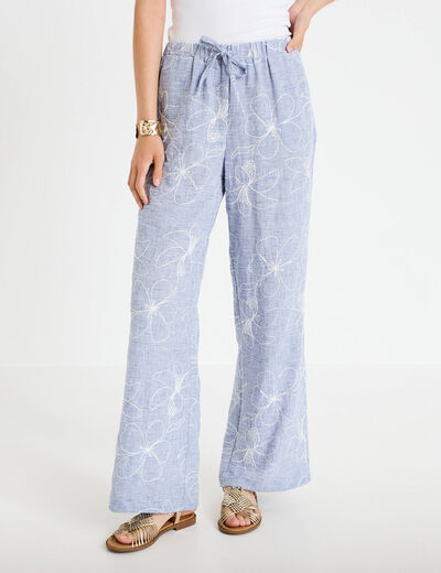 Pantalon large taille haute brod&eacute; bleu clair femme