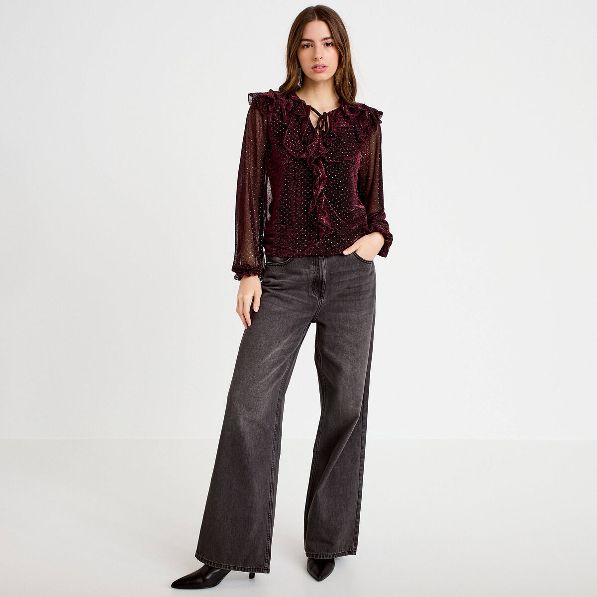 Blouse voile transparent paillet&eacute; violet fonc&eacute; femme