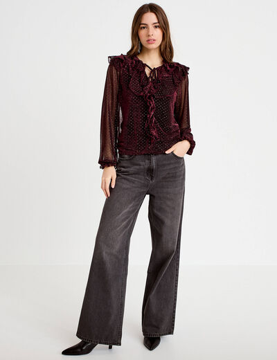 Blouse voile transparent paillet&eacute; violet fonc&eacute; femme
