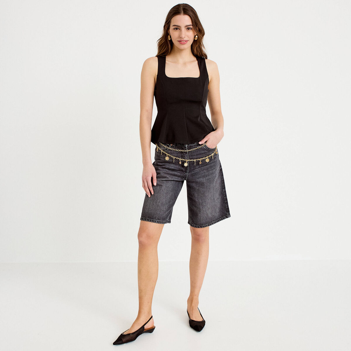 Top cintr&eacute; col carr&eacute; sans manches noir femme