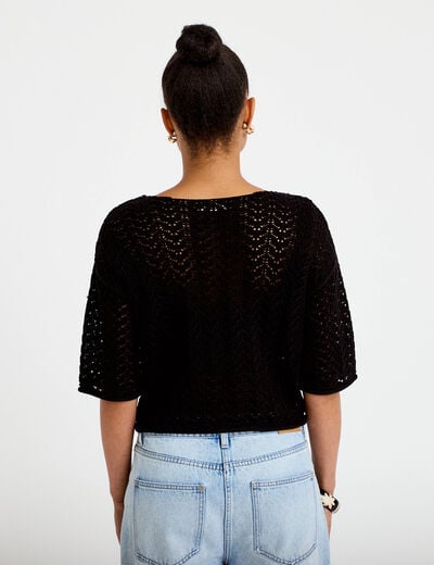 Pull ajour&eacute; aspect dentelle col rond noir femme