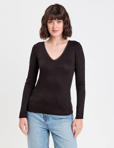 T-shirt thermique col en V plumetis noir femme