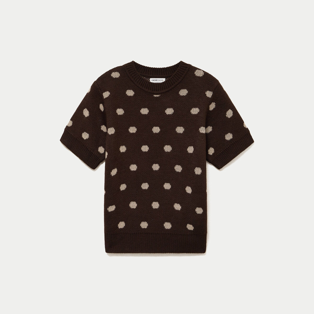 Pull cintr&eacute; col rond manches courtes marron fonc&eacute; femme