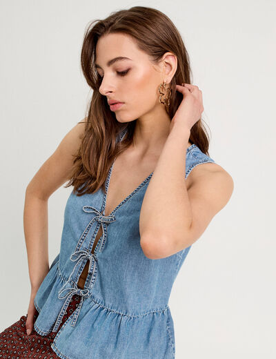 Blouse nou&eacute;e en jean denim bleach femme