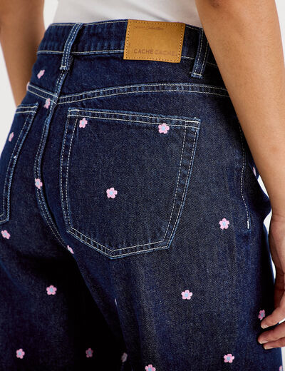 Jean wide leg taille haute brod&eacute; bleu fonc&eacute; femme
