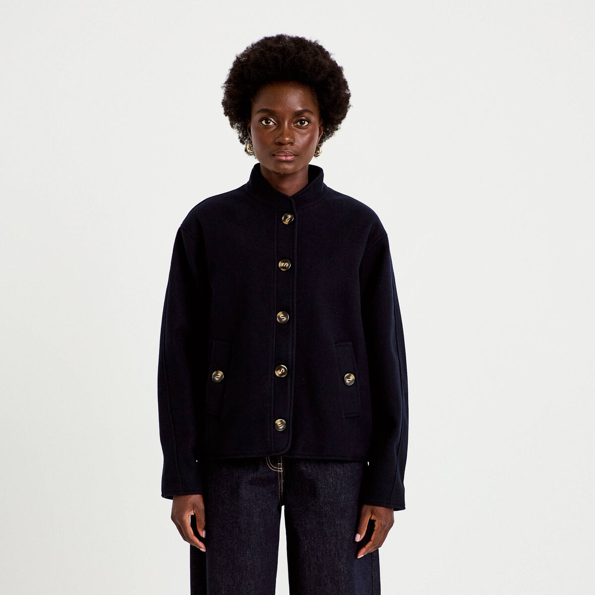Veste droite col mao manches longues bleu marine femme