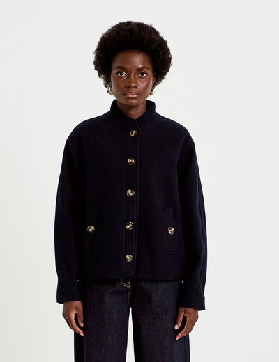 Veste droite col mao manches longues bleu marine femme