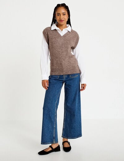 Pull chemise 2-en-1 taupe femme