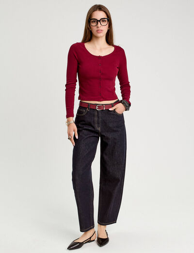 Gilet manches longues c&ocirc;tel&eacute; rouge fonc&eacute; femme