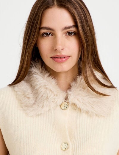 Gilet manches courtes fausse fourrure ecru femme