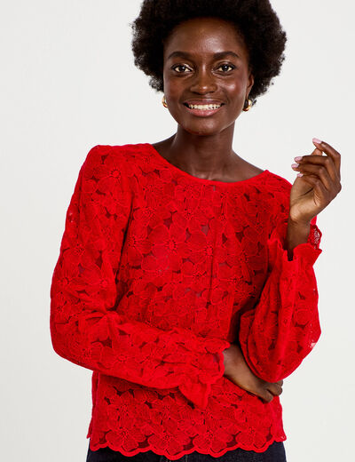 Blouse droite col v en dentelle rouge femme