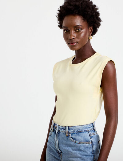 T-shirt col rond sans manches jaune pastel femme