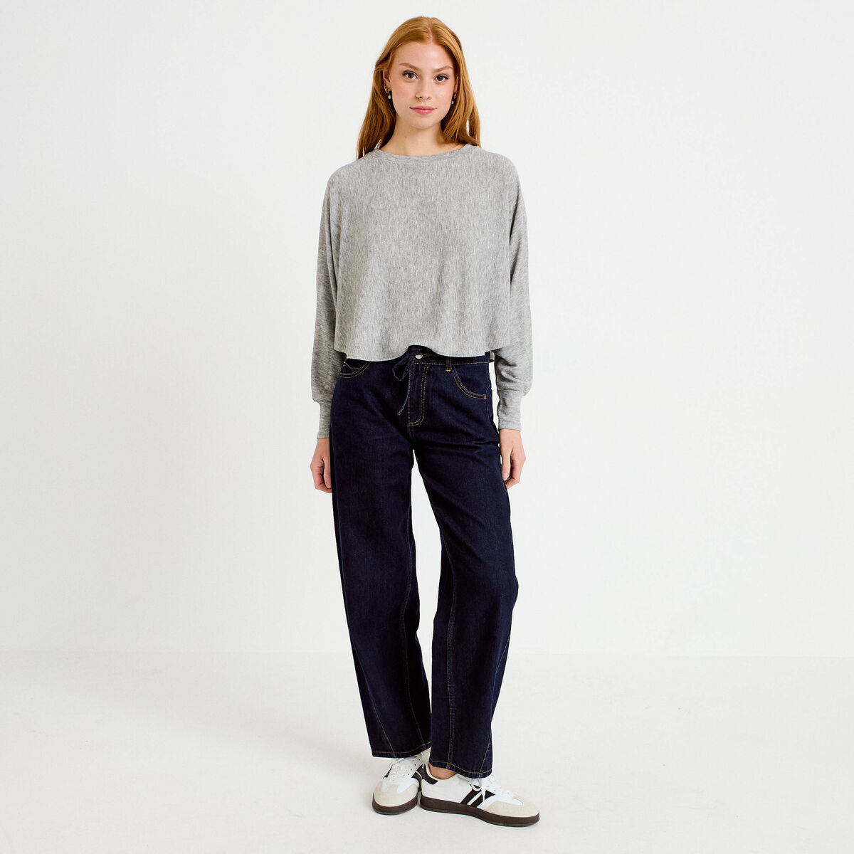 Cape boyfriend cropped col rond gris clair femme