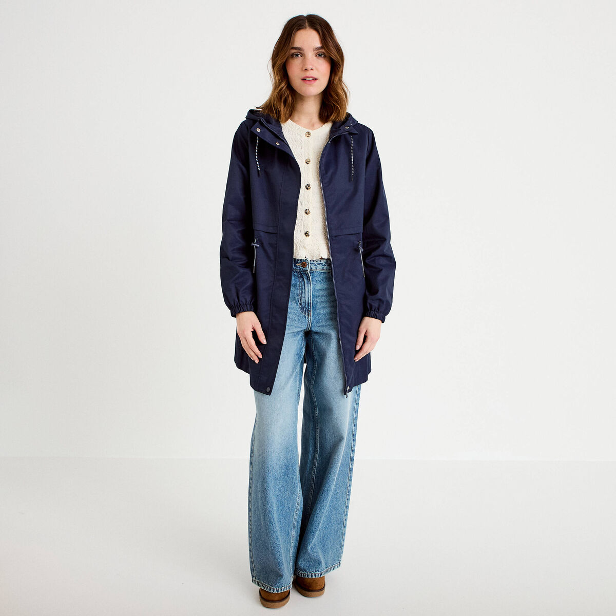Parka &agrave; capuche taille ajustable bleu marine femme