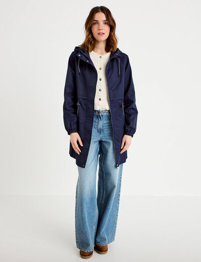 Parka &agrave; capuche taille ajustable bleu marine femme