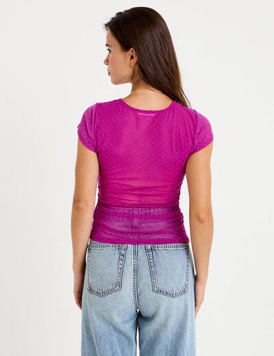 Top ajust&eacute; col rond manches courtes rose fushia femme