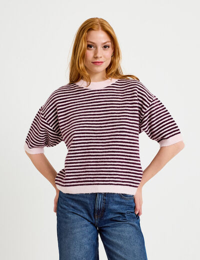 Pull ample duveteux manches courtes prune femme