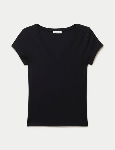 T-shirt ajust&eacute; col v manches courtes noir femme