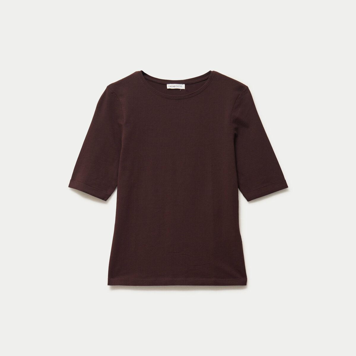T-shirt ajust&eacute; col rond manches courtes marron fonc&eacute; femme