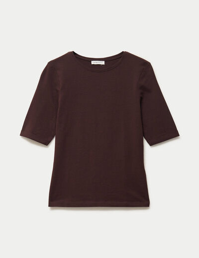 T-shirt ajust&eacute; col rond manches courtes marron fonc&eacute; femme