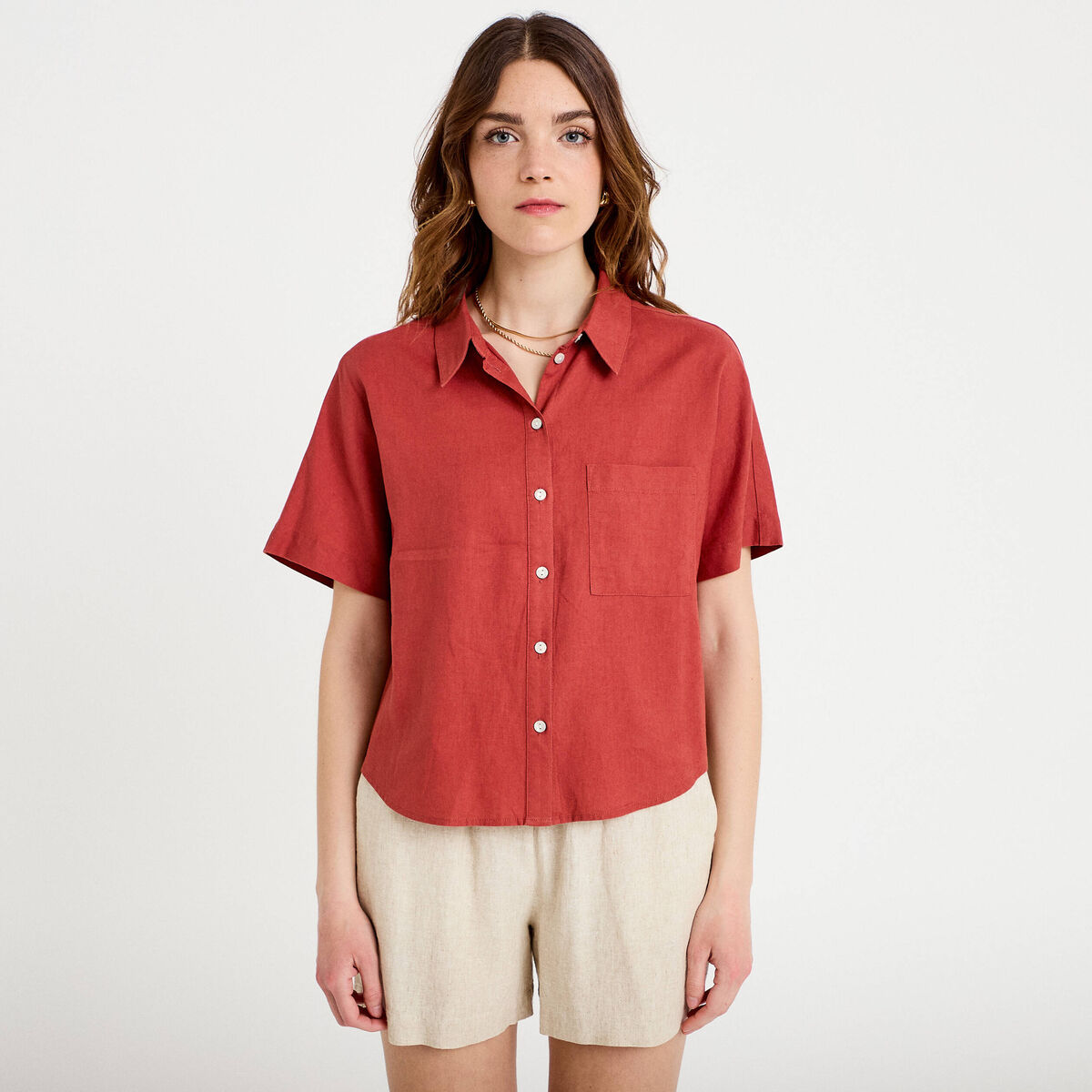 Chemise droite courte col classique vieux rose femme