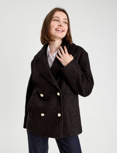 Manteau bouclette boutonn&eacute; noir femme