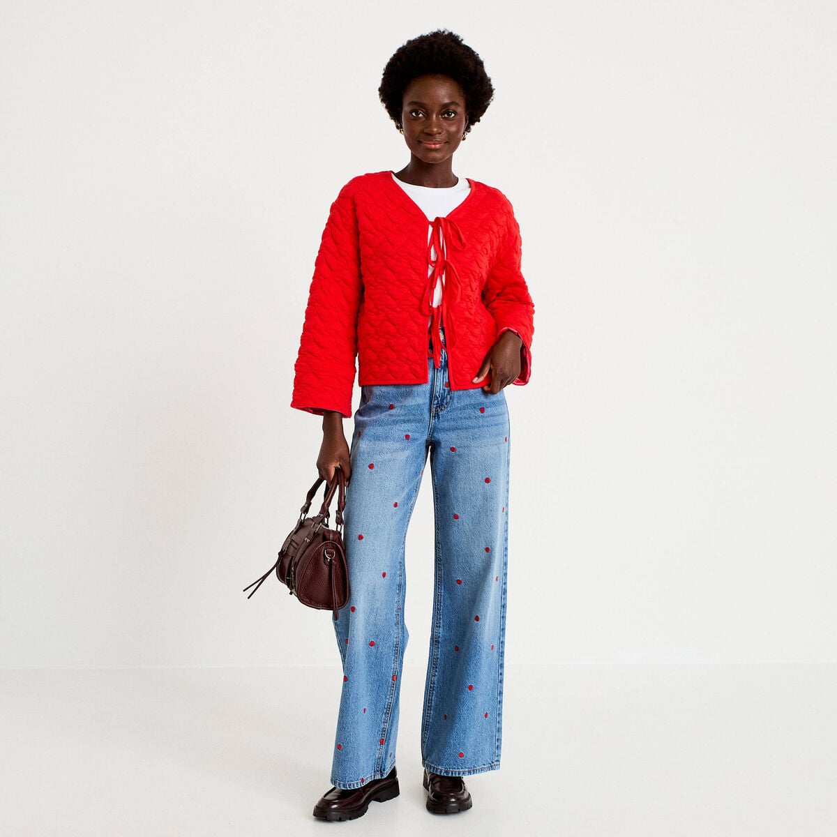 Gilet droit col v manches longues rouge femme