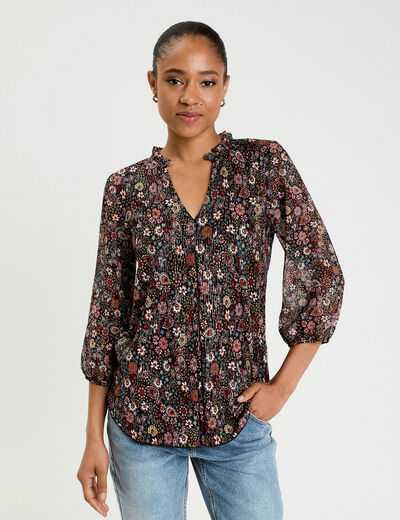 Blouse col v manches 3/4 multicolore femme