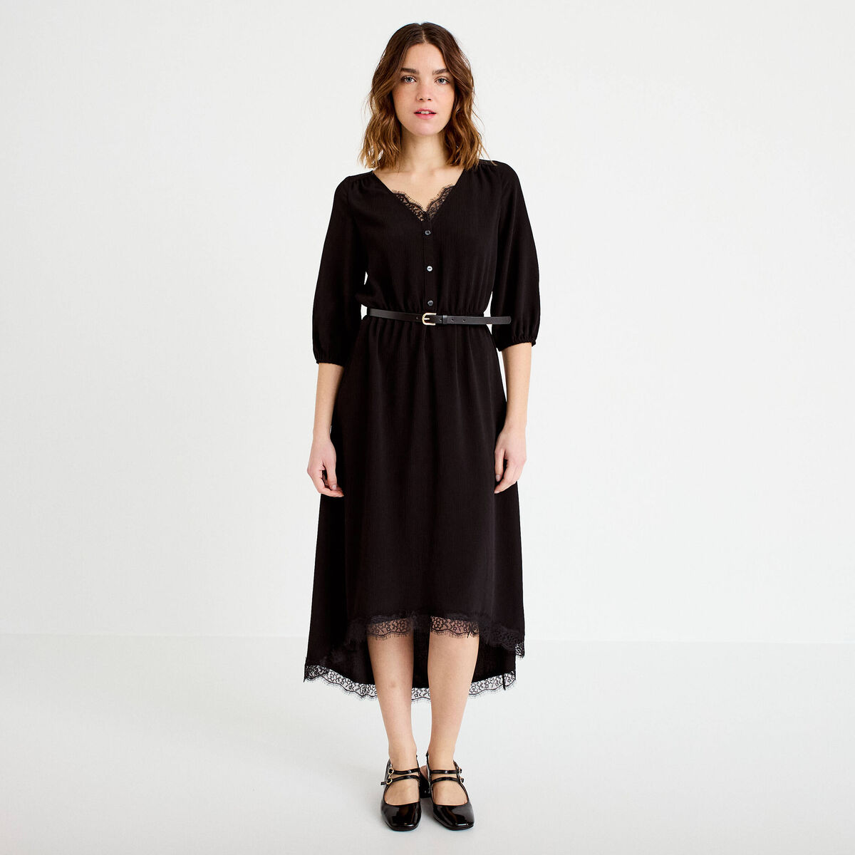 Robe longue &eacute;vas&eacute;e col v dentelle noir femme