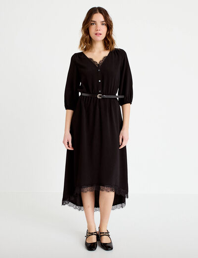 Robe longue &eacute;vas&eacute;e col v dentelle noir femme