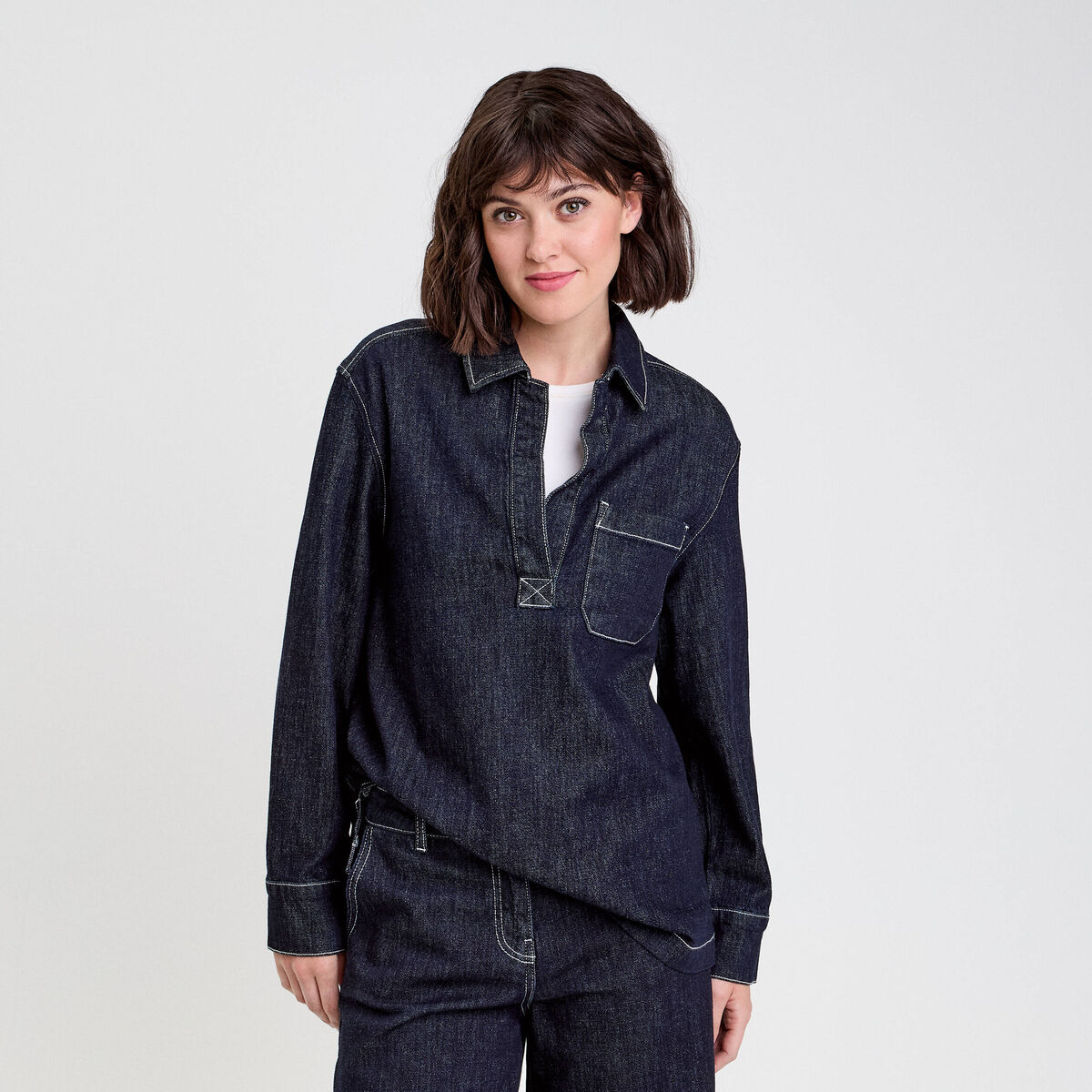 Blouse col chemise manches longues denim brut femme