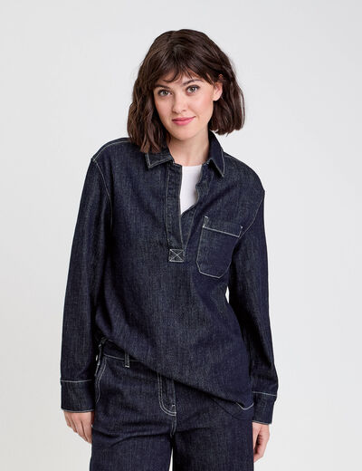 Blouse col chemise manches longues denim brut femme