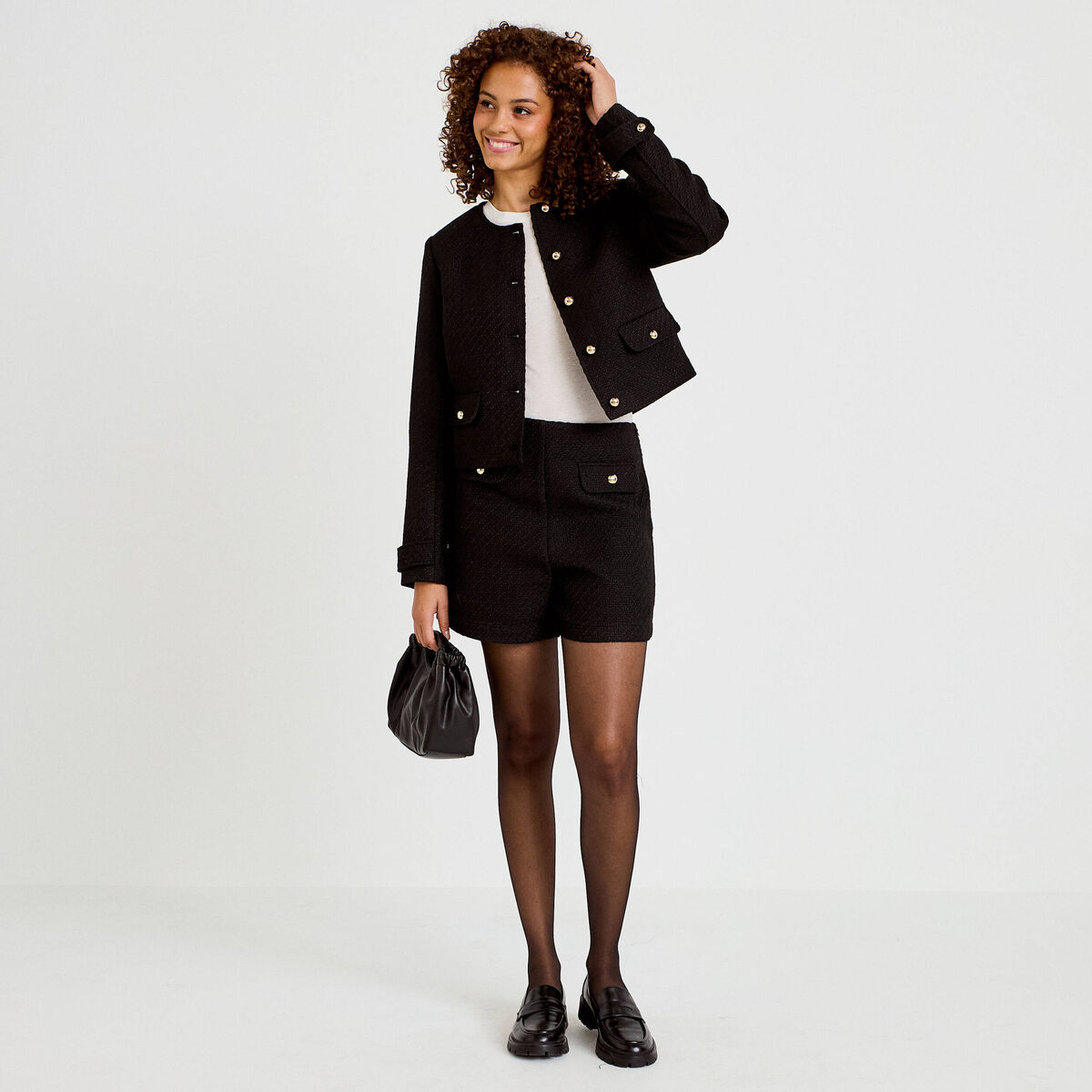Short en tweed noir femme