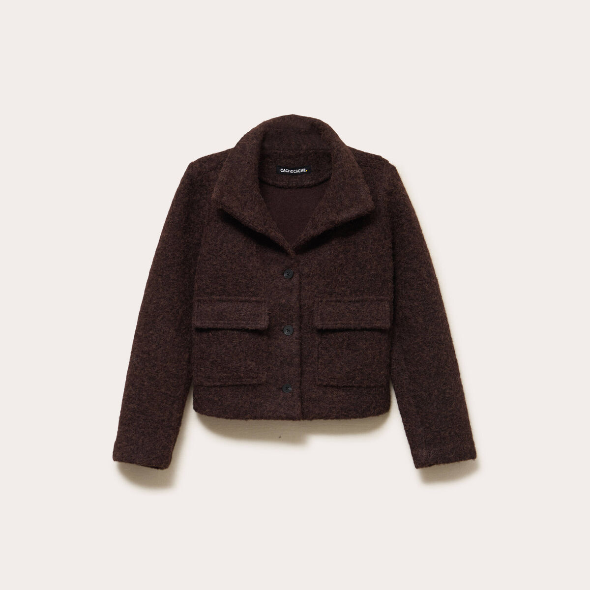Veste col montant manches longues marron fonc&eacute; femme